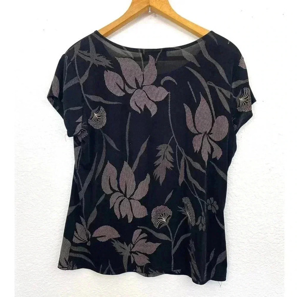 VTG Briggs Women's Black Beige Cling Top Short Sleeve Large Floral Y2K - Picture 2 of 8